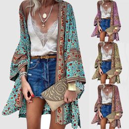 Women's 2024 Summer Thin Loose Bohemian Long Sleeve Printed Mid Length Cardigan Cover Up