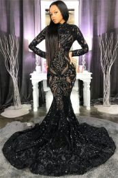 High Neck Shiny Appliques Black Girl Prom Dresses Mermaid Long Sleeve Evening Gowns