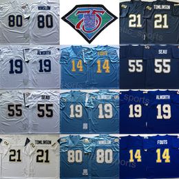 Men Football Retro 21 LaDainian Tomlinson Jersey 14 Dan Fouts 55 Junior Seau 19 Lance Alworth 80 Kellen Winslow 1987 1984 Vintage Uniform 75th Purple White Navy Blue