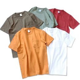 265g Thick Retro Cotton Heavy Tshirts Seamless Round Neck Pocket Shortsleeved Men Tops Tee Breathable Skinfriendly 240313