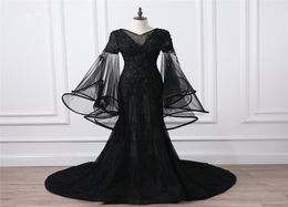 2019 Black Organza Mermaid Evening Dress Long Sleeves Beads Ruched Party Dress Glamorous Dubai Fashion Sweep Train V Neck Prom Dre5909610