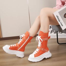 Boots Women Mid Calf Boots Canvas Round Toe Mid Heel Boots For Woman Fashion Orange Platform Lace Up Zip Shoes Botas Mujer 2022