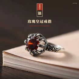 Cluster Rings Vintage Silver Colour Red Zircon Crown Rose Flower Jin Gangchu Anniversary Ring For Mne Women Party Jewellery Gifts