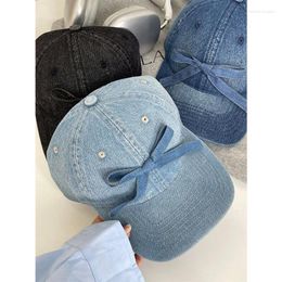 Ball Caps Korean Version Of The DIY Bright Line Bow Strap Baseball Cap Women's Face Small Street Sweet Adjustable Casual Denim Hat