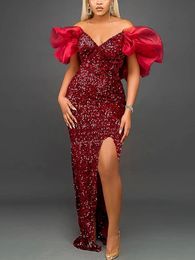 Sexy Women Even Dress Sequin Off Shoulder Fluffy Sleeve High Slit Velvet Robes Big Size Maxi Long Formal Party Evening Prom Gown 240320