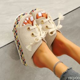 Sandals Women Summer Shoes 2022 Summer Lace Up Height Increase Wedge Slippers Women Plus Size Closed Toe Straw Platform Sandals Woman