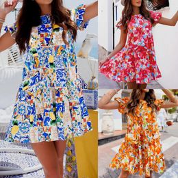 Casual Dresses Summer Women Independent Station WishAmazon Bell Sleeve Round Neck Print Irregular Hem Dress