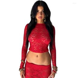 Women's Tracksuits Sexy 2 Piece Outfit Flower Sheer Long Sleeve Lace Crop Top And Midi Dresses Bodycon Club Party Wear