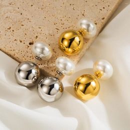 Stud Earrings Trendy Gold Plated Stainless Steel Double Sided Pearl Ball For Women Girls Gifts Jewellery Travel Accessories