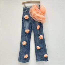 Women's Jeans European And American Style Floral Women 2024 Spring Three-Dimensional Large Flower Ripped Washed Denim Pants