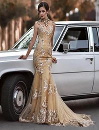 Long Luxury Mermaid Evening Dresses High Neck with Sleeveless Sweep Train Appliques Tulle Prom Gowns Elegant Party Maxi Dress9028542