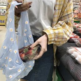 Totes Spring Women Small Transparent Tote Mesh Cloth Bag Daisy Embroidery Handbag High Quality Eco Fruit Purse For Girls