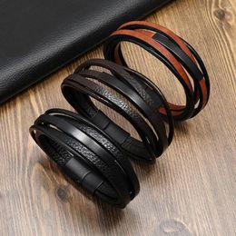 Charm Bracelets Magnet Buckle Leather Bracelet Fashion Multilayer Alloy Braided Chain Retro Simple Wrist Jewellery Men