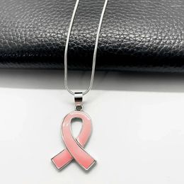 Chains Pink Rhinestone Enamel Metal Ribbon Pendant Breast Cancer Awareness Jewellery Necklace