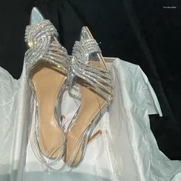 Sandals 2024 Spring Pointed Toe Women Sliver Sandal Shoes Thin High Heel Ladies Fashion Crystal Bow-knot Dress Party Pumps