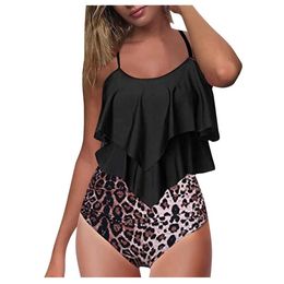 Frauen Split Halter Bademode Bikini Set Badeanzug Leopard Sexy Kontrast Gedruckt Dot Backless Nhjex