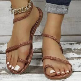 Sandals Woven Flat Sandals Women's Solid Color Plus Size Pinch Toe Flip Flops Casual Lightweight Shoes Beach Slippers Sandales Plates