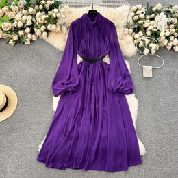 Casual Dresses 2024 Runway Designer Women Spring Summer Chiffon Stand Collar Lantern Sleeve Purple Party Holiday