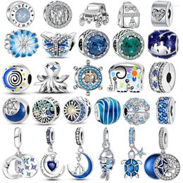 Loose Gemstones 925 Sterling Silver Fit Original Bracelet Charm Jewellery DIY Blue Clip Bead Galaxy Starry Sky Series Pendant Moon
