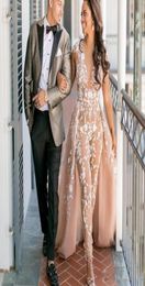 2019 Arabic Jumpsuit Evening Prom Dress With Overskirt Sexy Sheer VNeck Cap Sleeve Party Gowns Custom Made8889656