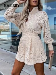 Hook Flower hollow Lace Shorts Matching Suit Elegant Office Women Solid Two Piece Set Slim Fit Long Sleeve Mini Lady 240315