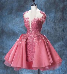 2022 Sheer Neck Sweet 16 Senior Homecoming Dresses watermelon Beaded 3D Flowers Short Prom Dresses Mini Cocktail Dresses9076008