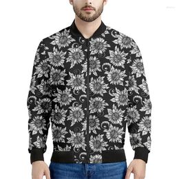 Men's Jackets Black White Sunflower Pattern Jacket Men 3d Printed Floral Sweatshirts Street Long Sleeves Oversized Zipper Coats