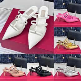 Womens High Heel Sandal Pointed Slippers Hollow Strap Patent Leather Golden Sandals Closed Half Toe Shoes 6cm Heels Slipper Stud Buckle Party Wedding Dress Shoes