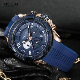 Watches Megir Quartz Watch for Men Fashion Blue Silicone Strap Chronograph Analogue Wristwatch with Date 24hour Display 3atm Waterproof