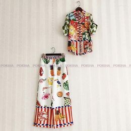 Women's Two Piece Pants Causal Women Vintage Shirt Top Fruit Print Loose Short Sleeve Blouse Fashion 2 Sets Outfits Suits Holiday Clothing