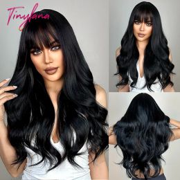 Wigs TINY LANA Natural Black Long Wavy Synthetic Wig with Bangs for Women Body Wave Dark Brown Wigs Cosplay Daily Hair Heat Resistant