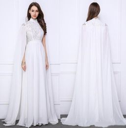 Elegant White Evening Formal Dresses Long With Wrap A Line Lace Chiffon High Neck Cape Sleeve Saudi Arabic Caftan Celebrity Prom P8033406