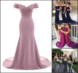 Dusty Rose Pink Bridesmaid Dresses Mermaid Floral Lace Applique Beaded V Neck Wedding Guest Evening Dress Off Shoulder Maid of Hon8007940