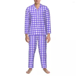 Men's Sleepwear Blue And White Gingham Autumn Checkerboard Vintage Oversize Pyjama Set Men Long-Sleeve Leisure Printed Nightwear