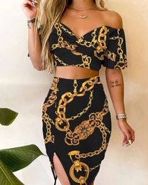 Work Dresses Two Piece Set Women Outfit 2024 Summer Fashion Chain Print Twisted Crop Top & Casual High Waist Slit Skinny Daily Midi Skirt