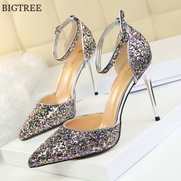 Sandals 7.5/9.5cm High Heels Female Pumps Summer New Red White Gold Sequined Cloth Shoes Pointy Toe Fashion Women Wedding Sandals