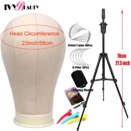 Stands 2124 inch Training Mannequin Wig Head Canvas Block Head With Stand T Pin Needles With Adjustable Tripod Stand For Wigs Making
