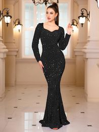 Luxury Black Long Sleeve Evening Gown Sequin Stretchy Velvet V Neck Mermaid Prom Floor Length Dress Burgundy Women Dresses 2024 240321