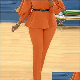 Womens Two Piece Pants Vonda Office Lady Sets Women Ruffled Blouse Off Shoder Tops And Long Trousers Suit Female Ropa De Mujer Drop Dh7Jf