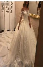 Vintage Lace Appliques Princess Ball Gowns strapless Wedding Dresses Off The Shoulder sheer Long Sleeves Bride Dresses wedding gow1275950