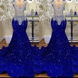 Shining Mermaid Prom Dresses V-neck Sequined Appliques Beads Tassels Backless Zipper Court Gown Custom Made Shining Party Evening Dress Vestido De Noite