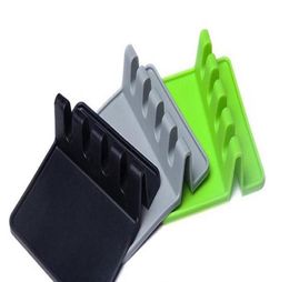 Kitchen Utensil Rest Spoon Pot Pan Lid Pot Shovel Holder Food Grade Silicone Tools Shelf Grey and Green 2670622