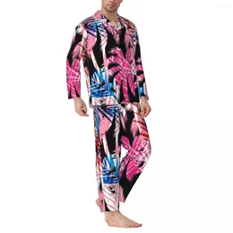 Men's Sleepwear Palm Trees Tropical Pajama Sets Pink And Blue Soft Women Long Sleeve Vintage Bedroom 2 Piece Nightwear Plus Size 2XL