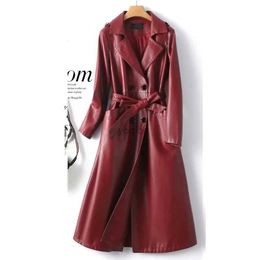 Women's Trench Coats Genuine Sheepskin Trench Coats Women Long Leather Outwear Fall Winter Wine Red Double Breasted Belt Ladies Lambskin ClothesL2403