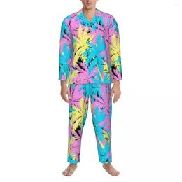 Men's Sleepwear Pyjamas Men Neon Palm Trees Home Nightwear Plant Print 2 Pieces Casual Set Long Sleeves Fashion Oversized Suit