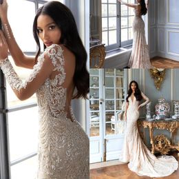 Sparkling Lace Mermaid Wedding Dresses Sheer Long Sleeves Scoop Neck Beaded Backless Boho Beach Plus Size Bridal Gowns Bc18019 0322