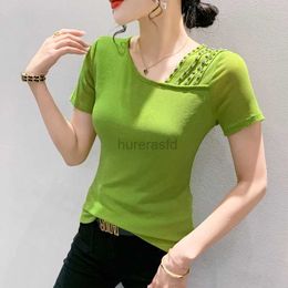 Women's T-Shirt Wxw6571 Black Green Rose Red Mesh T-shirt Womens Spiral Neck Diamond Sexy Tight T-shirt Short sleeved Korean Office T-shirt 240323