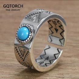 Retro S925 Sterling Silver Inlaid Turquoise Ring Indian Style Simple Adjustable Fine Jewelry for Men and Women 240320