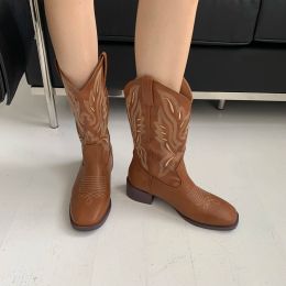 Boots Low Heeled MidCalf Boots Vintage Embroidery Cowboy Boots Women Heels Fall Square Chunky Shoes Brown Bottines Femme
