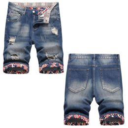 2023 Summer New Worn Hole Men's 5/4 Denim Shorts Trendy and Fashionable Straight Mid Rise Pants